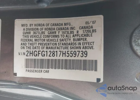 2007 Honda Civic Ex from USA, damaged, VIN 2HGFG12817H559739